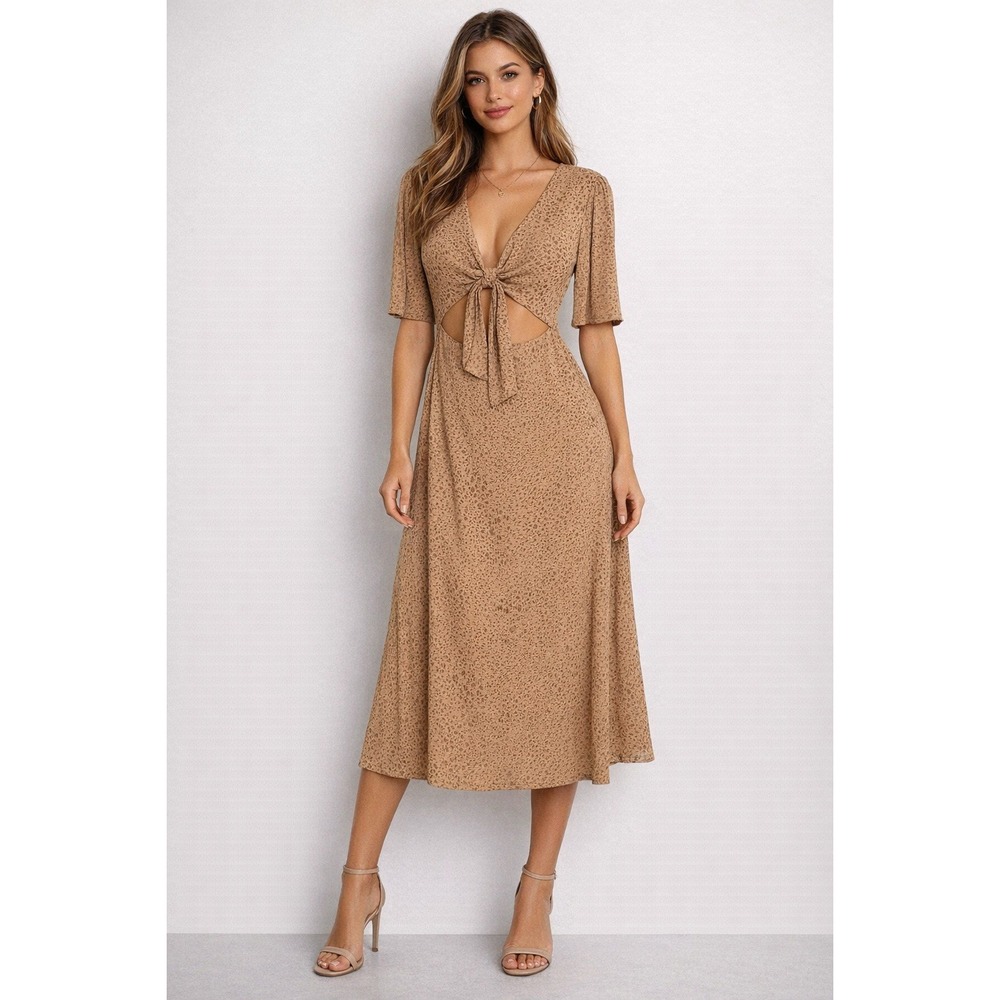 WAYF Leopard Print Midi Dress Womens Size‎ M Tan Cutout Tie Front